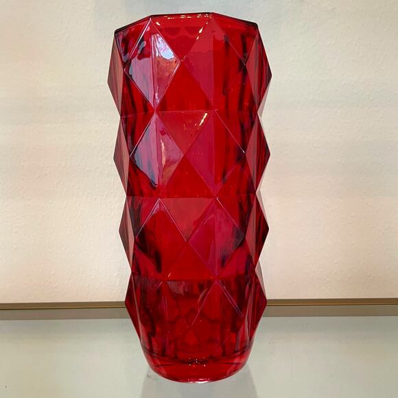Ruby Red Heavy Glass Vase 11in Geometric Christmas Holiday Valentine NEW - Picture 10 of 14